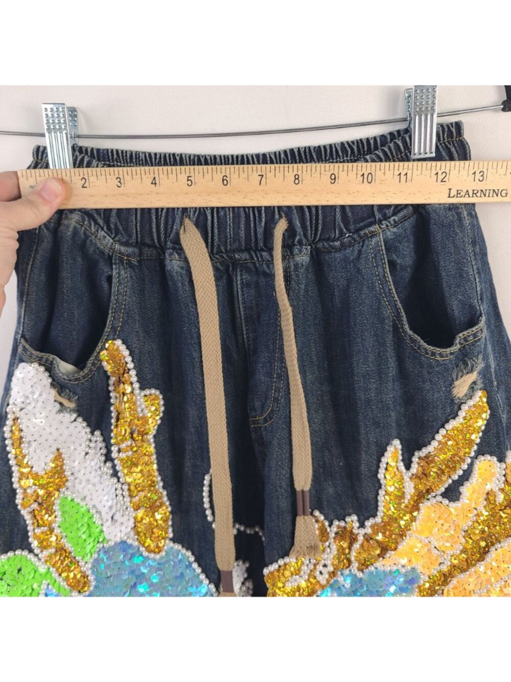 Kitmaple Dragon Sequin Embellished Denim Jogger Pants With Drawstring Waist - Picture 5 of 11